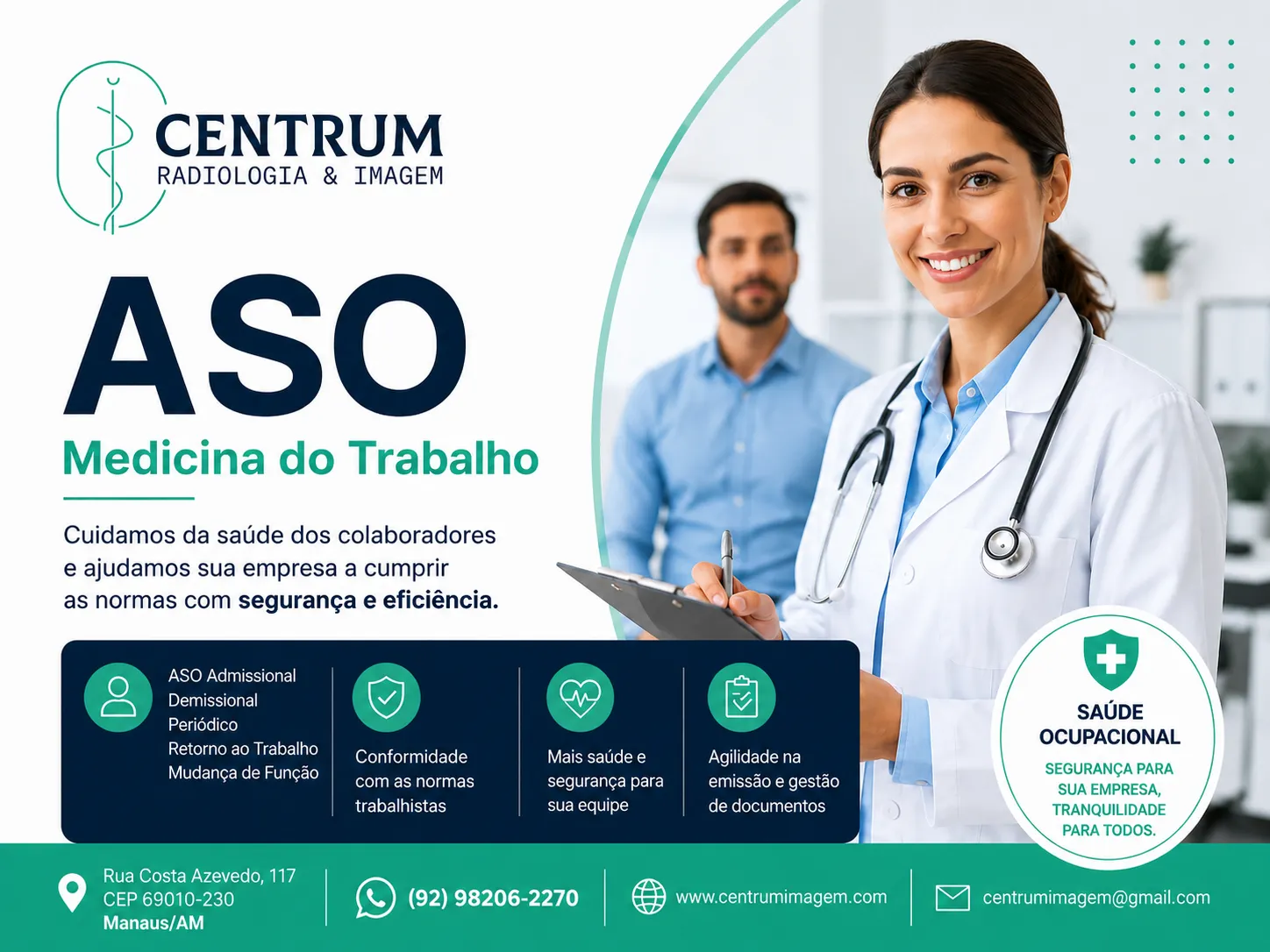 ASO em Manaus - Exame Admissional r�pido e Medicina do Trabalho Centrum Imagem com atendimento empresarial