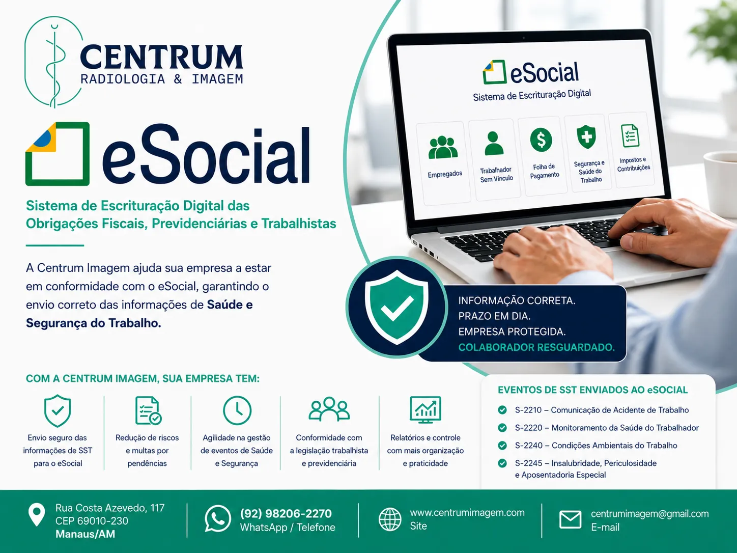 eSocial SST em Manaus com gest�o de ASO, PGR, PCMSO e LTCAT para empresas pela Centrum Imagem Medicina do Trabalho