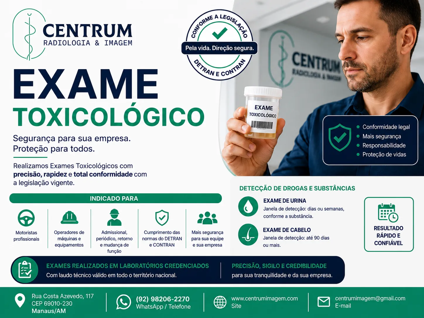 Exame toxicol�gico em Manaus para motoristas e empresas com atendimento r�pido na Centrum Imagem Medicina do Trabalho